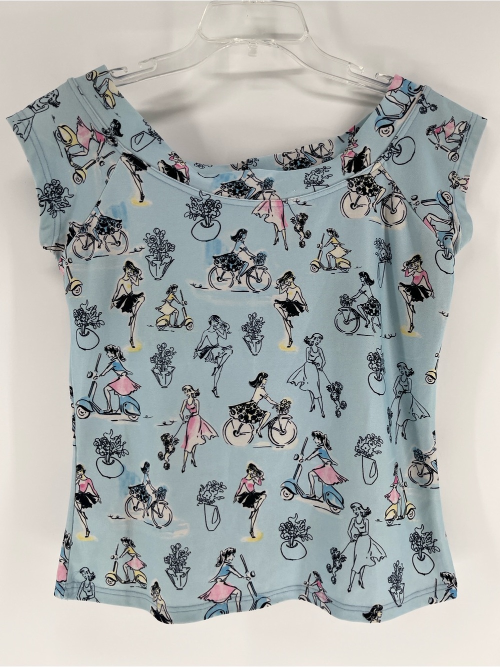 FMX & Company Light Blue French Country Novelty Print Off Shoulder Top